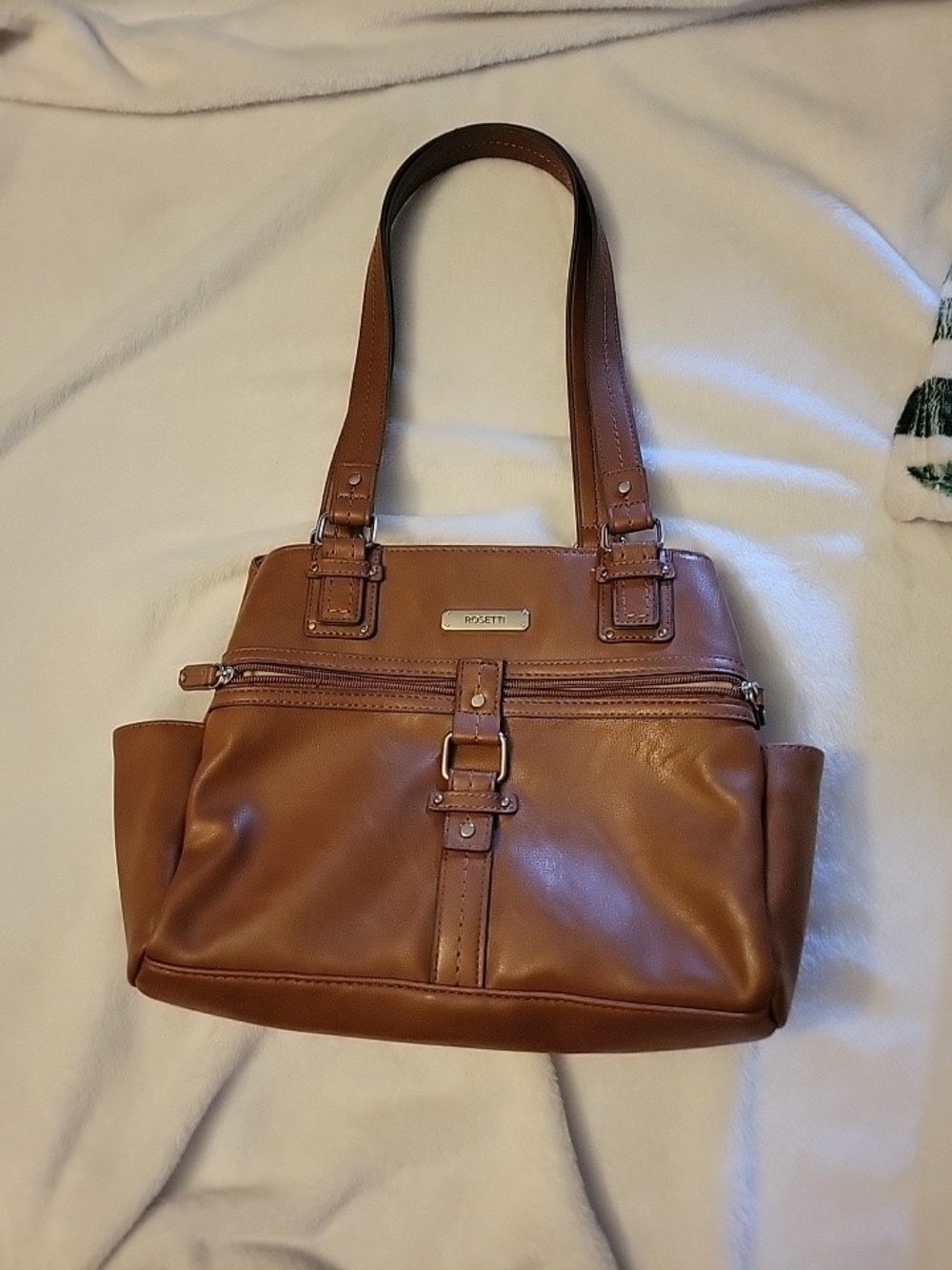 Rosetti Brown Solid Shoulder Bag Double Handles Zip/Snap Pockets Silver Pouch